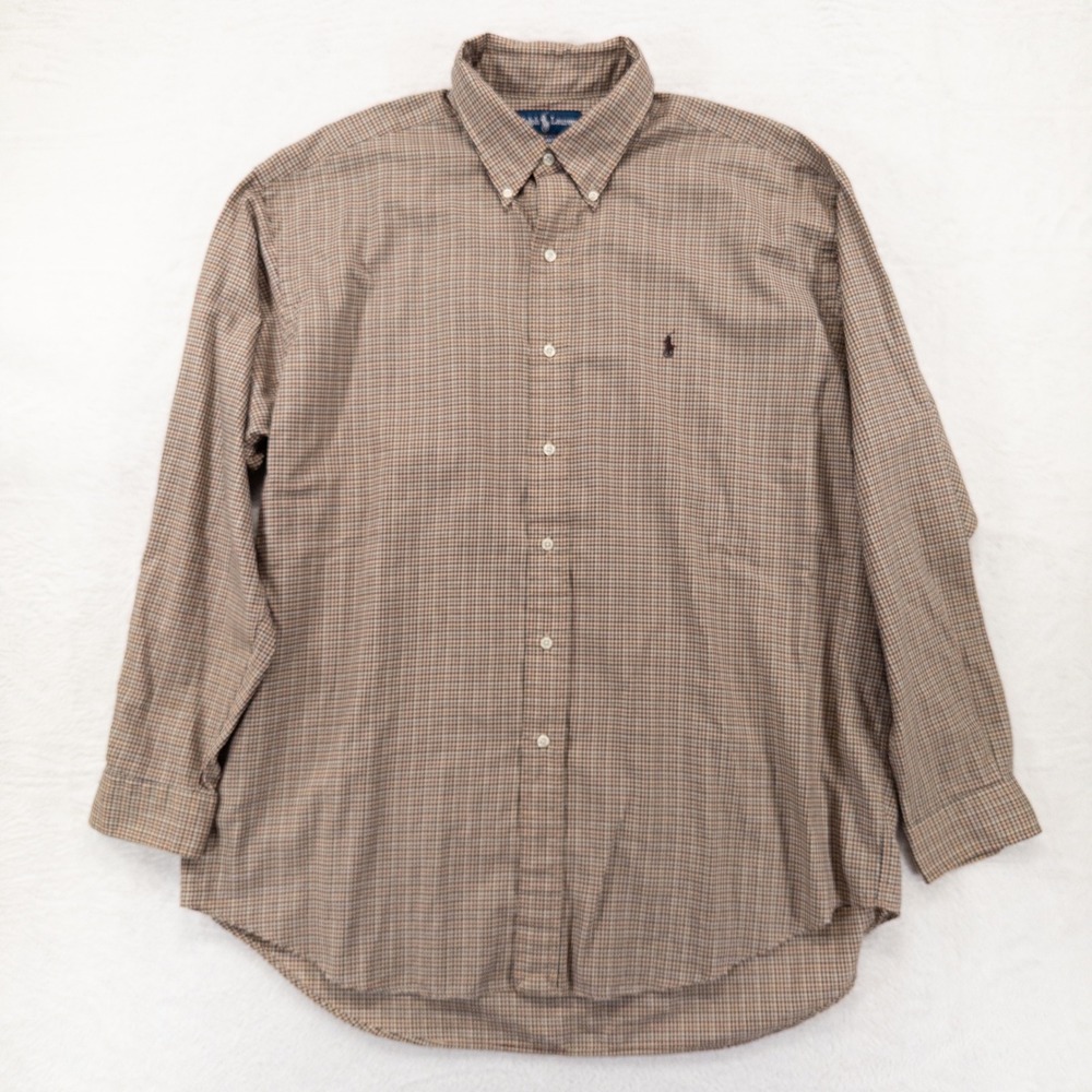 Ralph Lauren Mens Blake Button Down Shirt XL Tan Blue Check Cotton Heritage